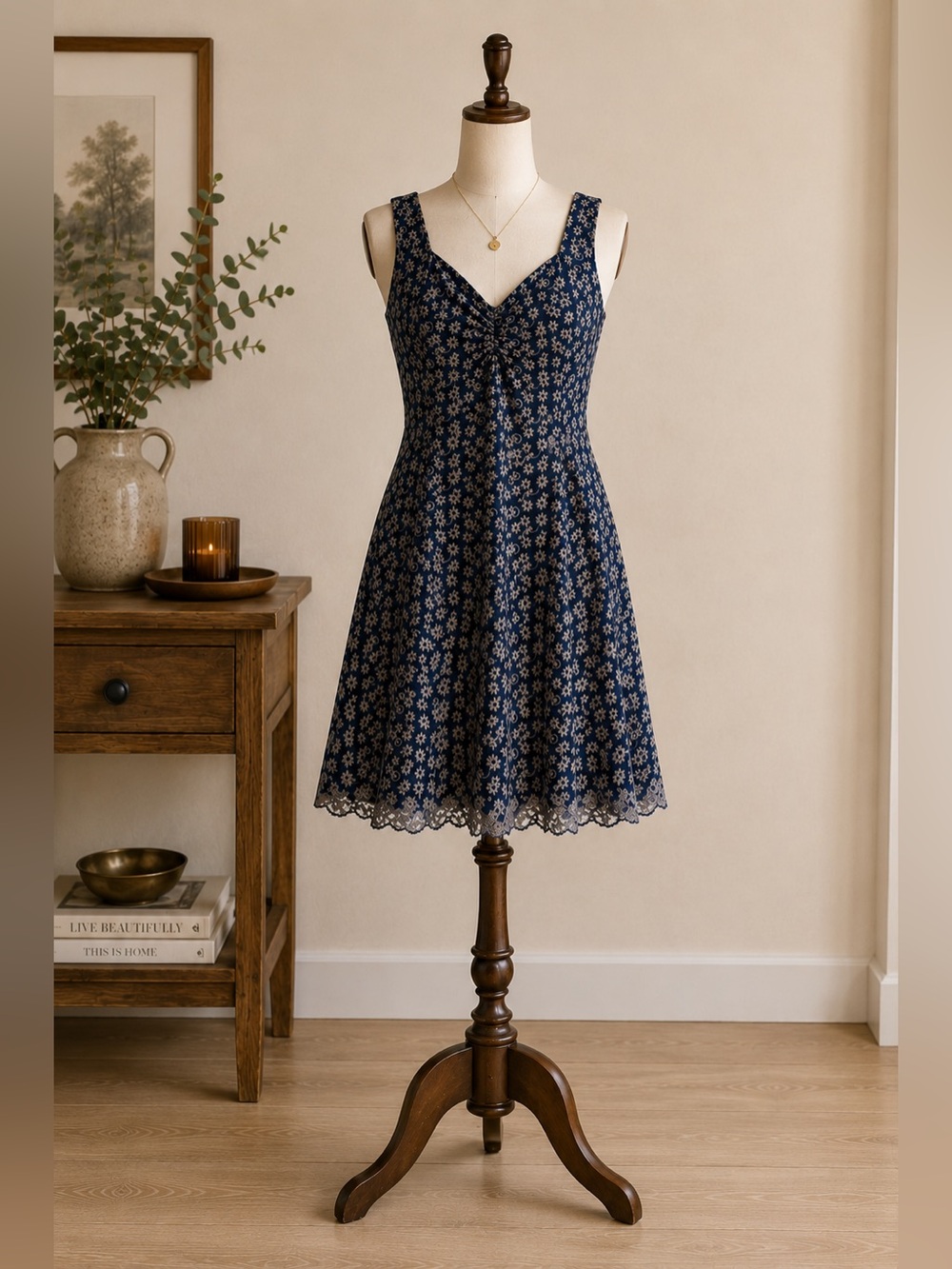 Embroidered Lace Luc Fontaine Navy Floral Fit & Flare Dress Size Small